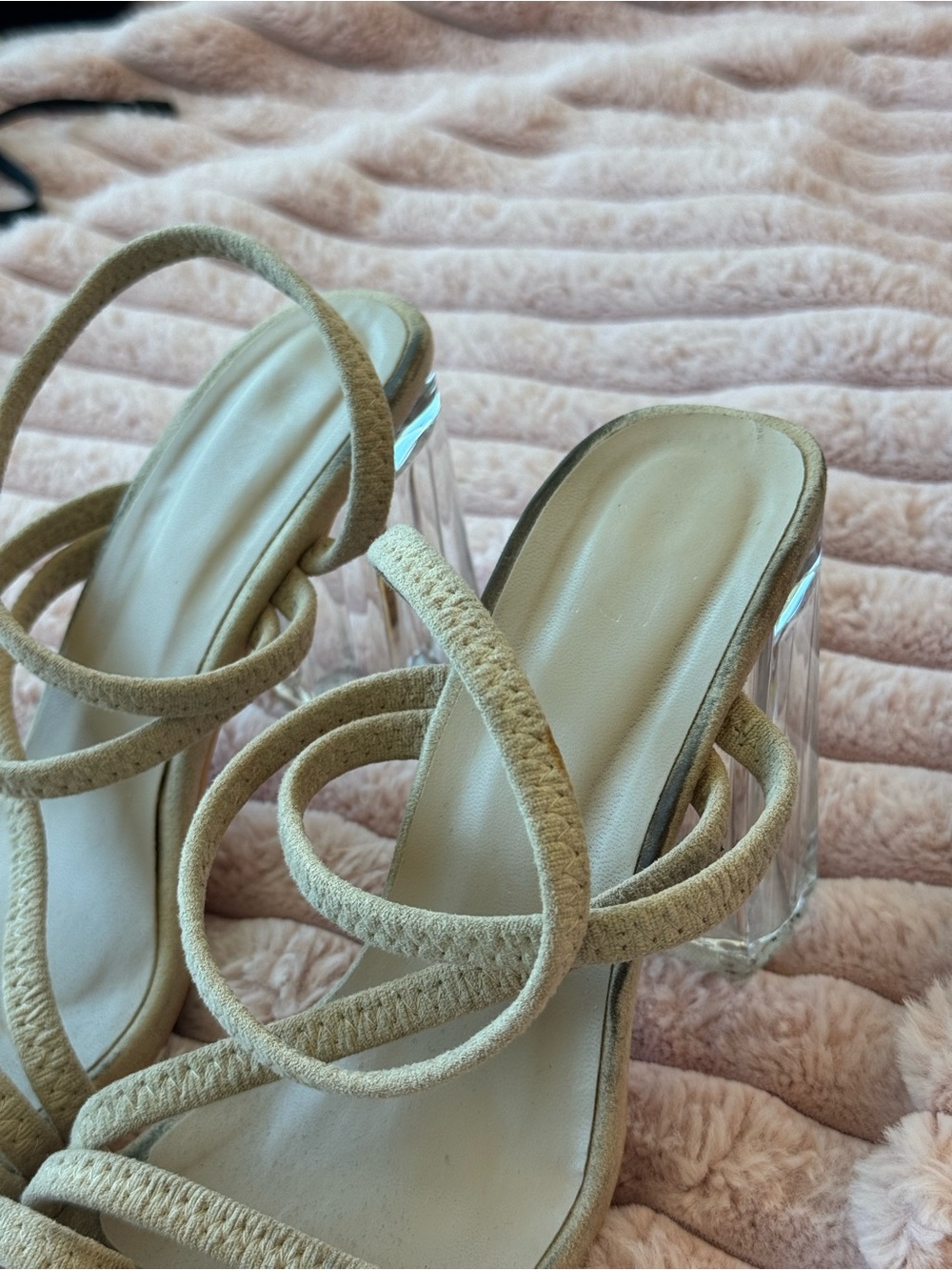 Strappy Clear Block Heel (Beige/Tan)